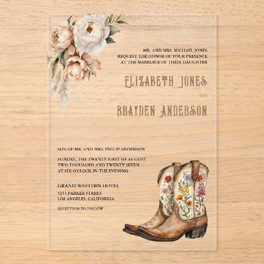 Rustic Floral Western Cowboy Boots Wedding アクリル招待状 (正面)