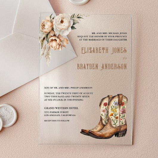 Rustic Floral Western Cowboy Boots Wedding アクリル招待状