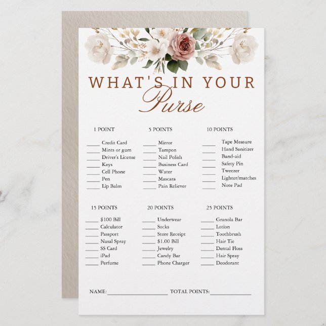 Rustic Floral What's In Your Purse Game Card (正面/裏面)