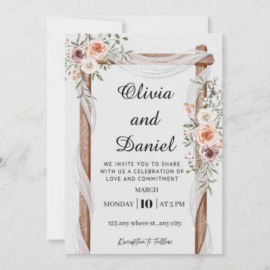 Rustic Floral Wood Arch Wedding Invitation 招待状 (正面)