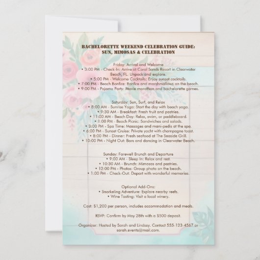 Rustic Floral & Wood Elegant Bachelorette Weekend  招待状 (裏面)