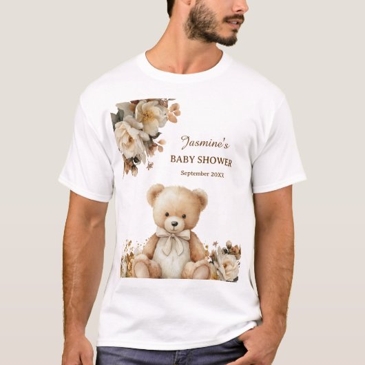 Rustic Florals Teddy Bear Baby Shower Tシャツ (正面)
