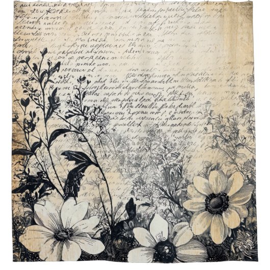 Rustic Flower and Calligraphy - Aged Brown Paper 1 シャワーカーテン (正面)