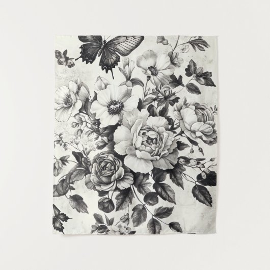 Rustic Flowers and Butterfly - Aged Paper (3) タペストリー (正面)