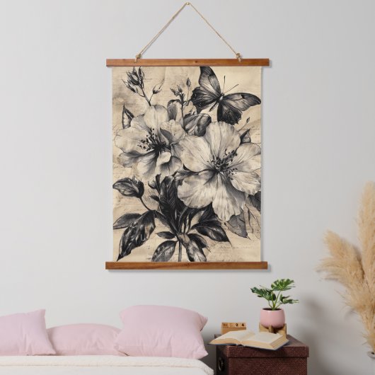 Rustic Flowers and Butterfly - Aged Paper (4) 吊り下げ型タペストリー (寝室)