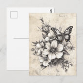 Rustic Flowers and Butterfly - Aged Paper (5) ポストカード (正面/裏面)