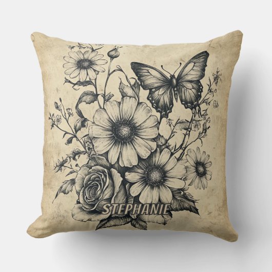 Rustic Flowers and Butterfly - Aged Paper (6) クッション (正面)