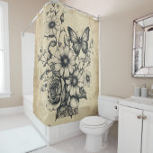 Rustic Flowers and Butterfly - Aged Paper (6) シャワーカーテン (インサイチュ)