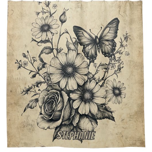 Rustic Flowers and Butterfly - Aged Paper (6) シャワーカーテン (正面)