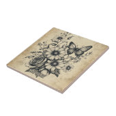 Rustic Flowers and Butterfly - Aged Paper (6) タイル (側面)