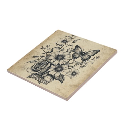 Rustic Flowers and Butterfly - Aged Paper (6) タイル (側面)