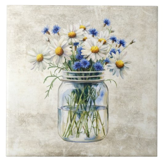 Rustic Flowers Daisies in Vintage Jar  タイル (正面)