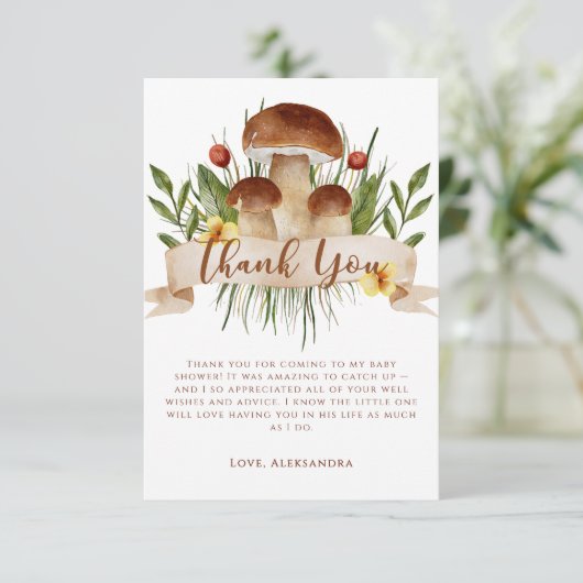 Rustic Flowers Mushrooms Autumn Baby Shower サンキューカード (スタンド正面)