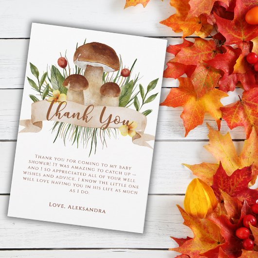 Rustic Flowers Mushrooms Autumn Baby Shower  サンキューカード