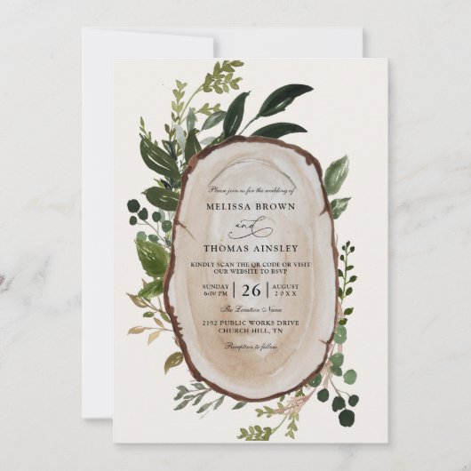 Rustic Foliage Farmhouse Budget QR Code Wedding 招待状 (正面)