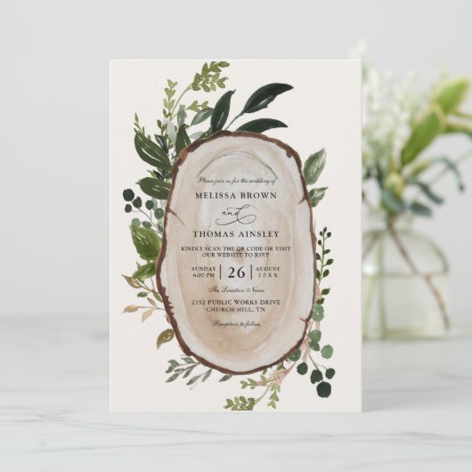 Rustic Foliage Farmhouse Budget QR Code Wedding 招待状 (スタンド正面)