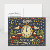Rustic Folk Art Happy New Year 2027 シーズンポストカード (正面/裏面)