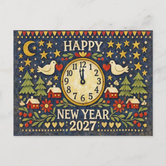 Rustic Folk Art Happy New Year 2027 シーズンポストカード (正面)