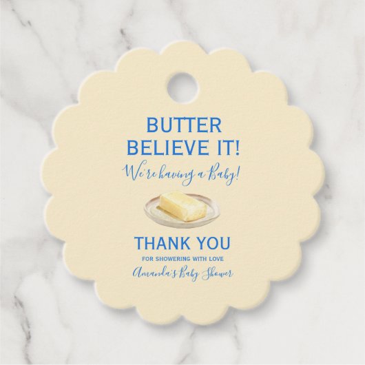 Rustic Food Butter Yellow Blue Baby Shower フェイバータグ (正面)