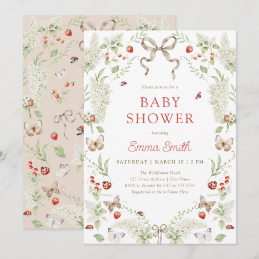 Rustic Forest Floral Bow Neutral Baby Shower 招待状 (正面/裏面)