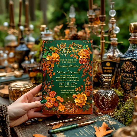Rustic Forest Green Floral & Gold Autumn Wedding 招待状