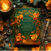 Rustic Forest Green Floral & Gold Autumn Wedding 招待状