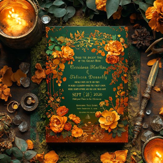 Rustic Forest Green Floral & Gold Autumn Wedding 招待状