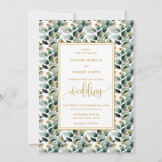 Rustic Forest Green Gold Greenery Wedding Invites 招待状 (正面)
