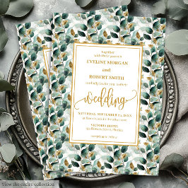 Rustic Forest Green Gold Greenery Wedding Invites 招待状