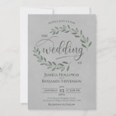 Rustic Forest Green Leaves Elegant Gray Wedding 招待状 (正面)