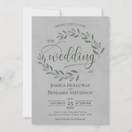 Rustic Forest Green Leaves Elegant Gray Wedding 招待状