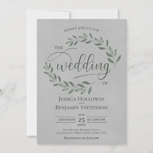 Rustic Forest Green Leaves Elegant Gray Wedding 招待状 (正面)