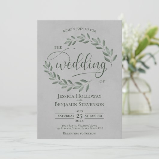 Rustic Forest Green Leaves Elegant Gray Wedding 招待状 (スタンド正面)