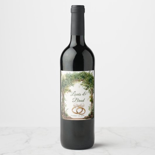 Rustic Forest Greenery Wedding Wine Bottle Label ワインラベル (正面)