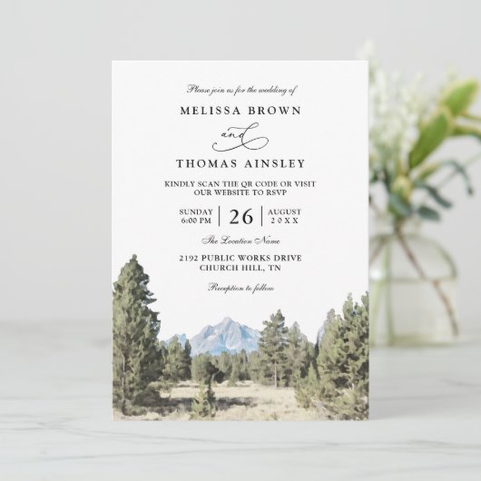 Rustic Forest Mountain Skyline QR Code Wedding 招待状 (スタンド正面)