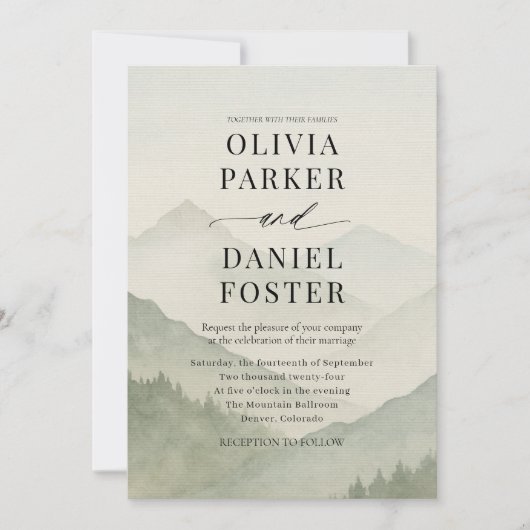 Rustic Forest Mountains QR Code Wedding  招待状 (正面)