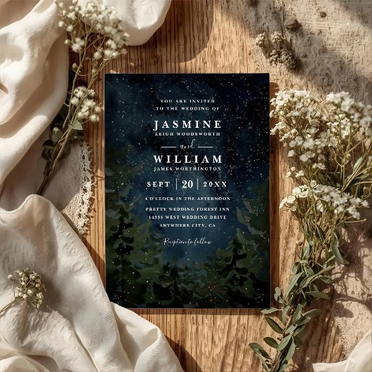 Rustic Forest Sky Night Elegant QR Code Wedding 招待状