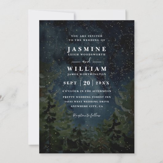 Rustic Forest Sky Night Elegant QR Code Wedding 招待状 (正面)