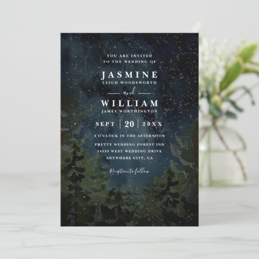Rustic Forest Sky Night Elegant QR Code Wedding 招待状 (スタンド正面)