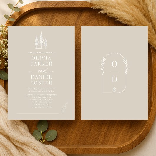 Rustic Forest Taupe Beige Line Art  Wedding 招待状