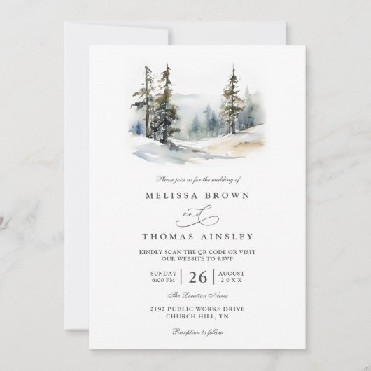Rustic Forest Trees Pine Elegant QR Code Wedding 招待状 (正面)