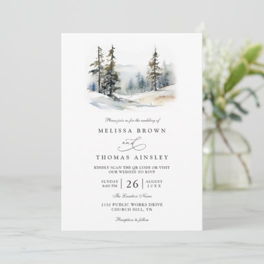 Rustic Forest Trees Pine Elegant QR Code Wedding 招待状 (スタンド正面)