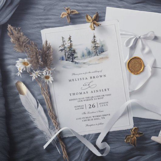 Rustic Forest Trees Pine Elegant QR Code Wedding 招待状