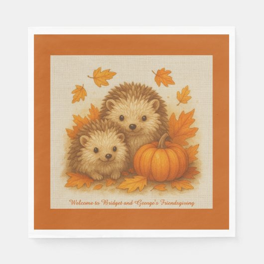 rustic Friendsgiving hedgehog & Autumn leaves  スタンダードランチョンナプキン (正面)