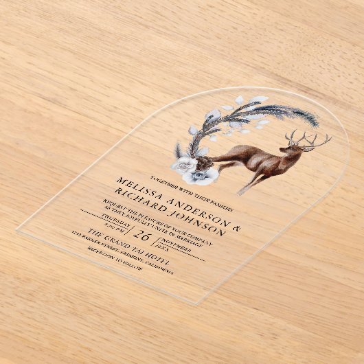 Rustic Frosted Pine Leaves Forest Deer Wedding アクリル招待状 (レイダウン)