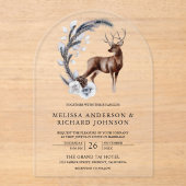 Rustic Frosted Pine Leaves Forest Deer Wedding アクリル招待状 (正面)