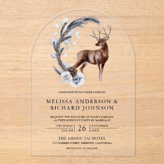 Rustic Frosted Pine Leaves Forest Deer Wedding アクリル招待状 (正面)