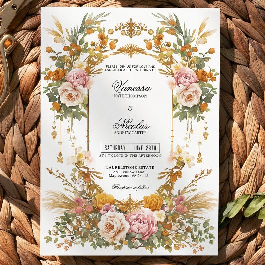 Rustic Garden Estate Blush Gold Floral Wedding  招待状