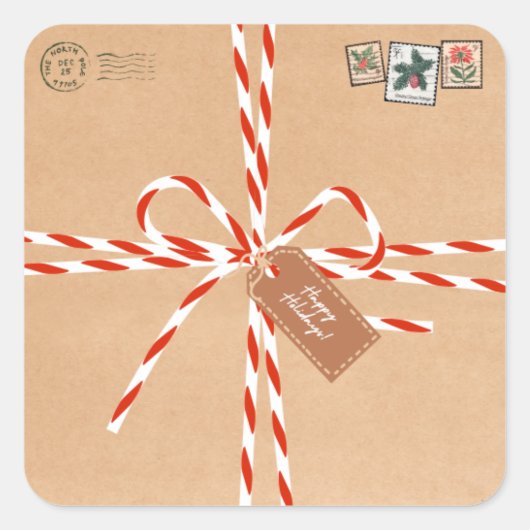 Rustic Gift Stickers - Candy Canes & Stamp-Style スクエアシール (正面)