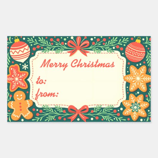Rustic Gingerbread Holly Wreath Merry Christmas 長方形シール (正面)